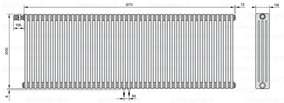 Схема (чертеж) Радиатор Zehnder Charleston 4300/45 №V007 Белый глянцевый RAL 9016